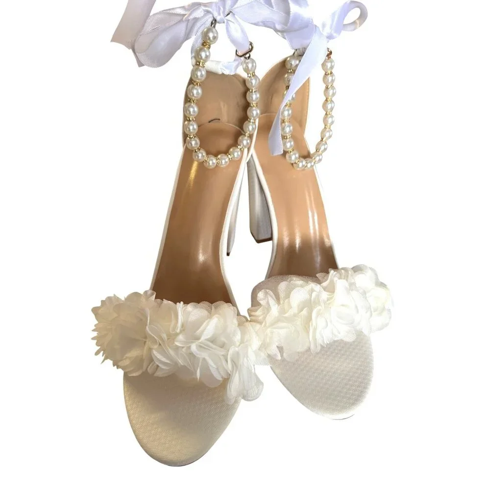 Bride Wedding‎ Block Heel Sandals With Pearl & Ribbon Details Size EU 41 NWB